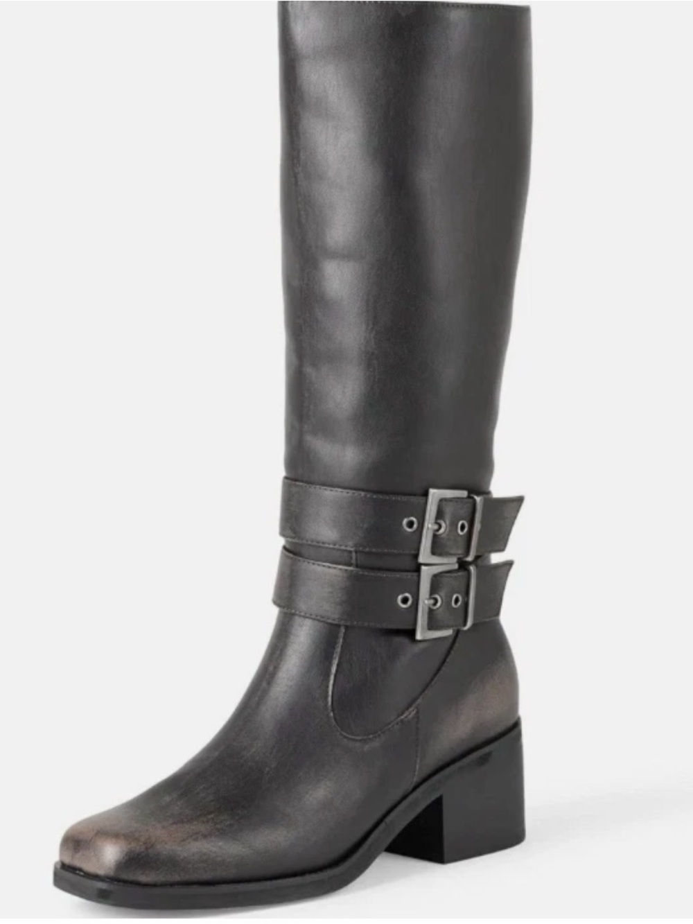 The Drop Women’s Sage Tall Biker Boot with Buckles (Distressed Black/Cognac)